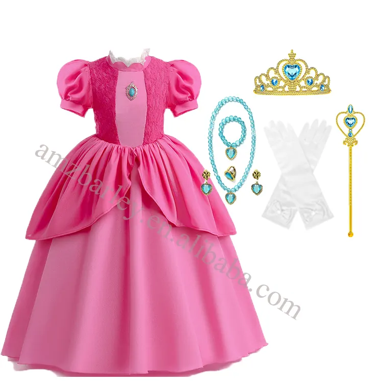 Disfraz rosa para niña, disfraz de princesa Super Bros de Halloween para niñas, traje de encaje de lujo con accesorios