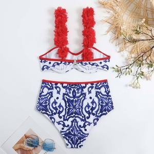 女性ハイウエスト水着青と白の磁器プリント水着セクシーなビキニファッションカバーアップビーチ水着サロン