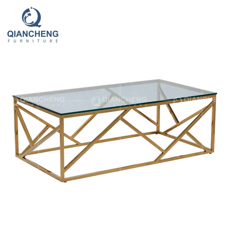 Simple line creative Design Living Room Center Tables glass top gold stainless steel base Commercial Wholesale gold coffee table