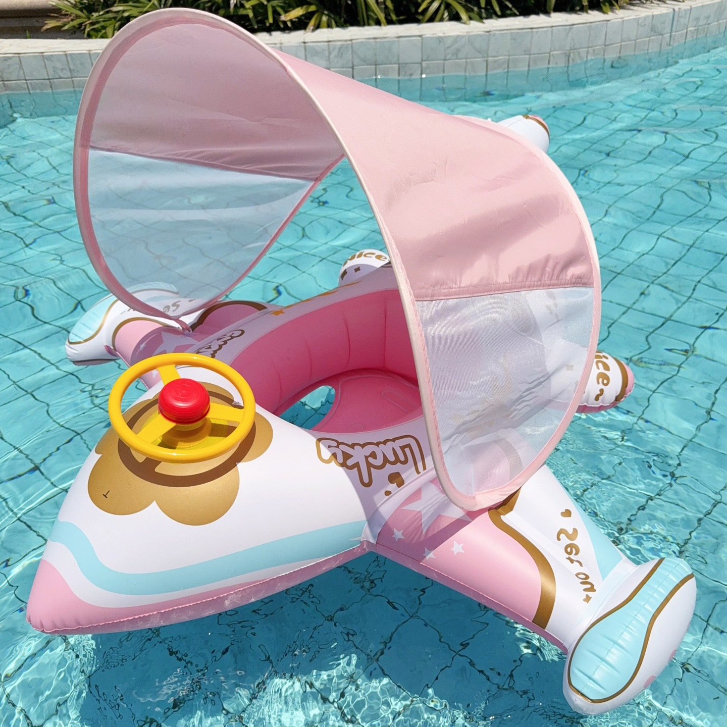 Pink-steering wheel plane boat-with canopy