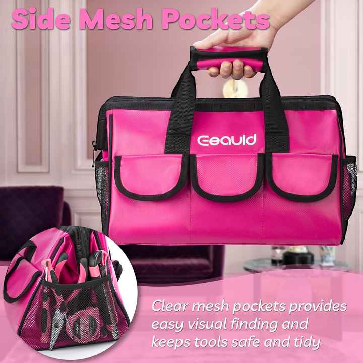 Pink Tool Bag for Women 14 Inch Portable Tool Organizers for Electrician Mechanic Craftsman Carpenter