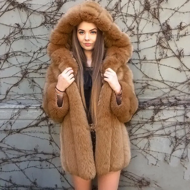 OEM toptan moda uzun bayanlar kışlık mont kaput kadın Faux Fox kürk ceket mont