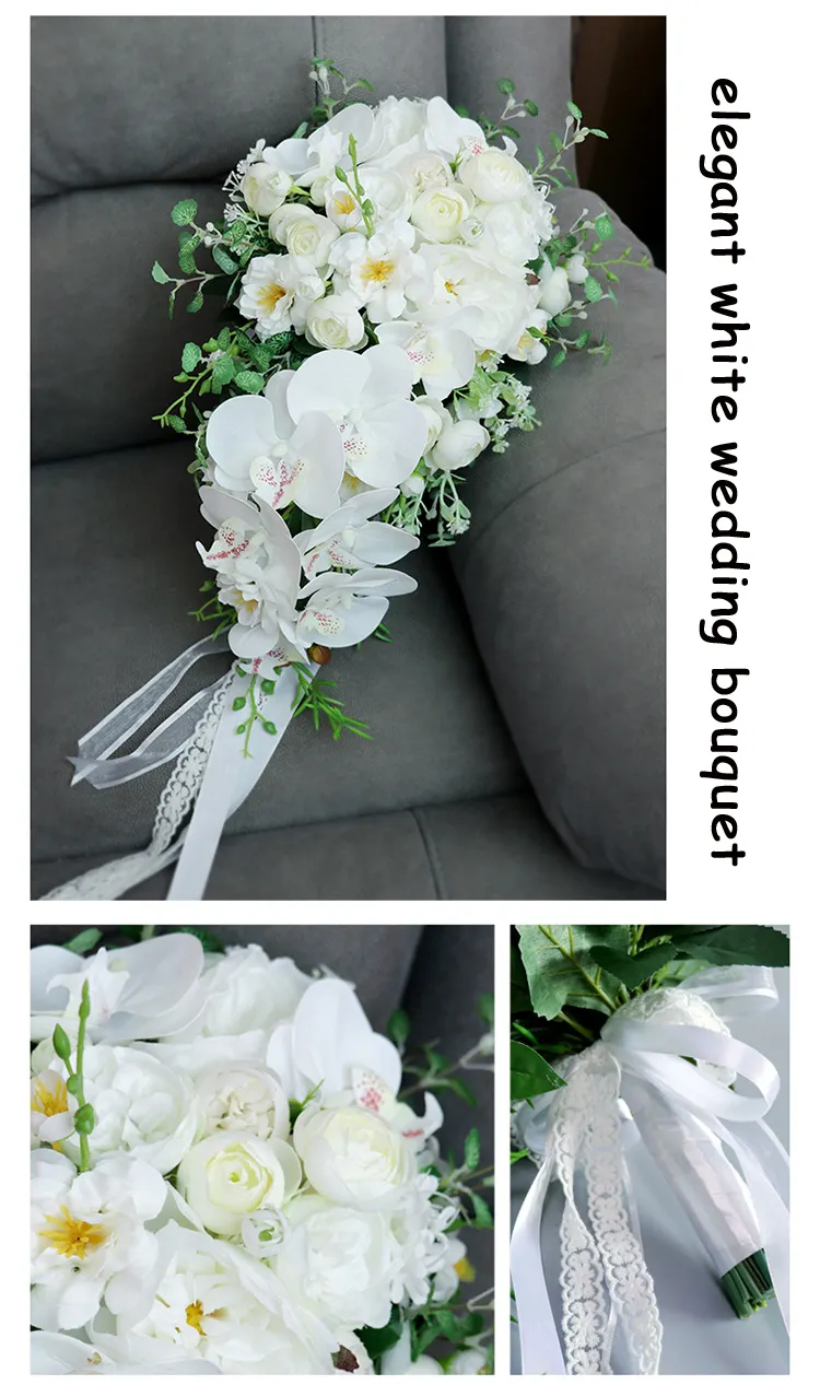 Factory Customize Wedding Bouquet for Bride White Artificial Rose and Orchid Elegant Hand Wedding Flowers Bouquet