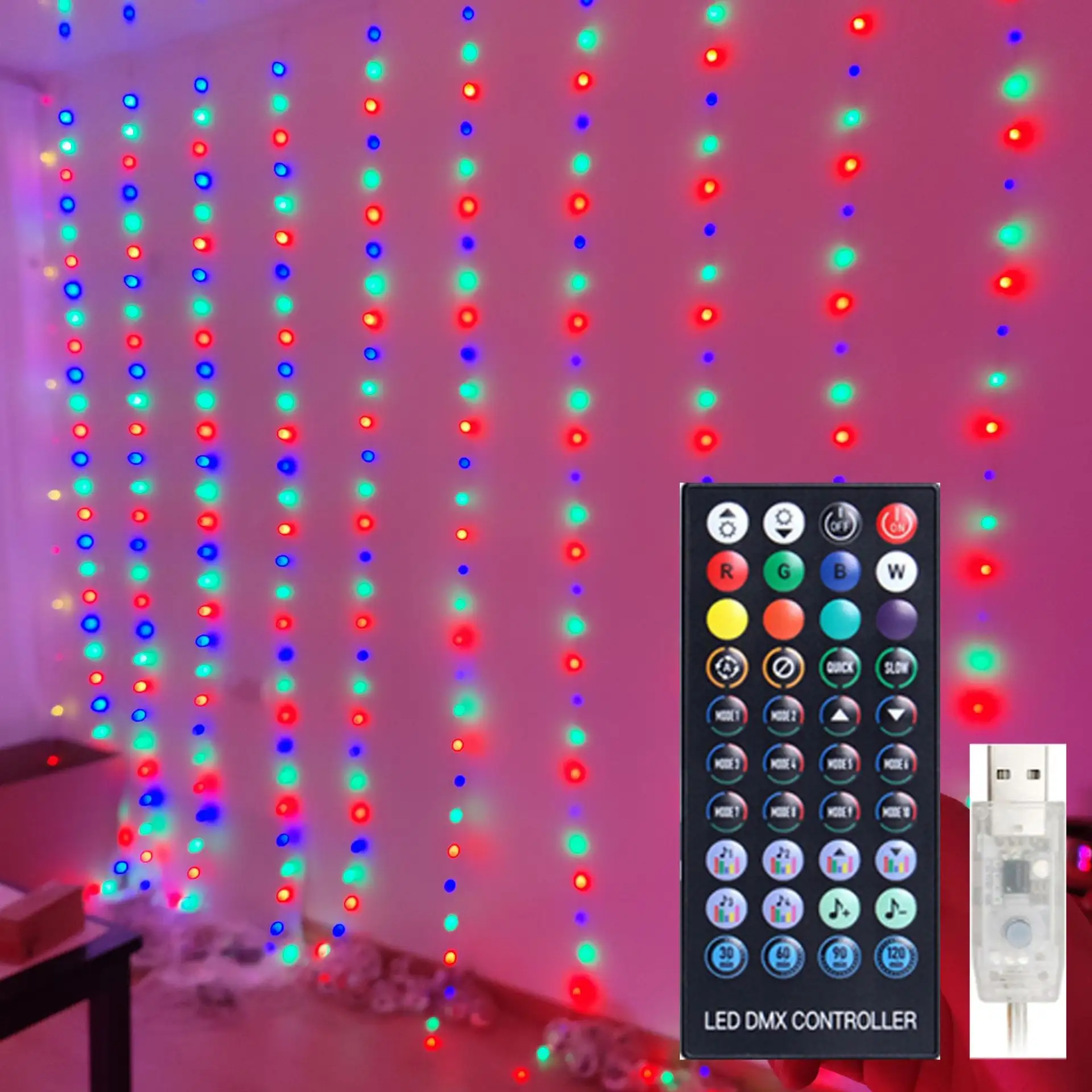 RGB renk 3x3m 9.8ft ev duvar pencere APP IR uzaktan kumanda 300 LED kanca dize kapalı DIY perde peri dekor ışık
