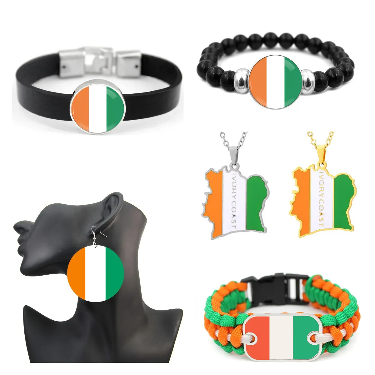 Manufacturer Ivory Coast Map Charm Cote d'Ivoire Flag Inspirational Pendant Necklace Bracelet Earrings Key Chain Jewelry Set