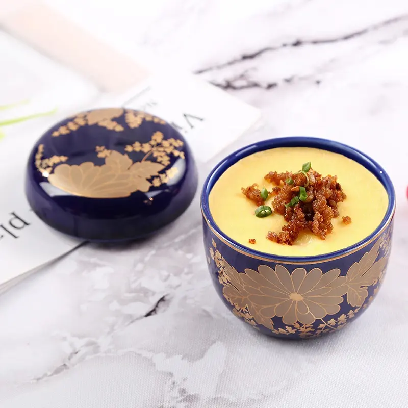 Tapa plana japonesa con patrón redondo, minicalcomanía creativa de cerámica para sopa, vajilla de porcelana de color dorado, plato con tapa para fruta