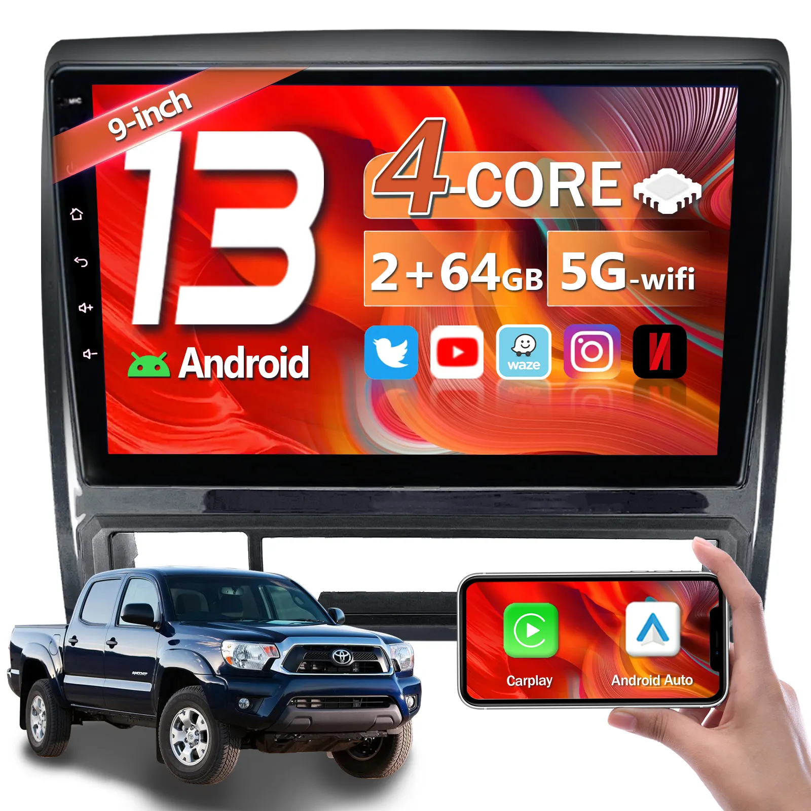 Toyota Tacoma Đài Phát Thanh Nhà Sản Xuất 4 Core 2 + 64G Android 13.0 Phổ Xe Đài Phát Thanh 2005-2013 GPS Navigation Đa Phương Tiện Máy Nghe Nhạc