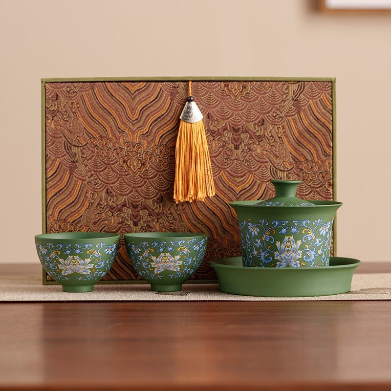 Gaiwan lotus en argile verte + 2 tasses rondes + boîte à pompon