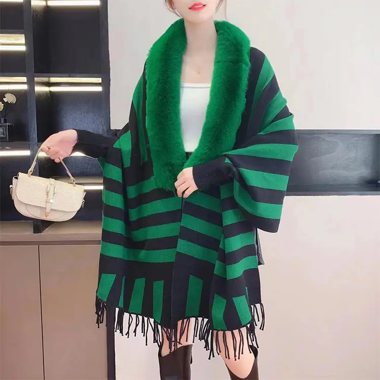 Fashion lady stripe batwing sleeve long hair collar scarves shawls