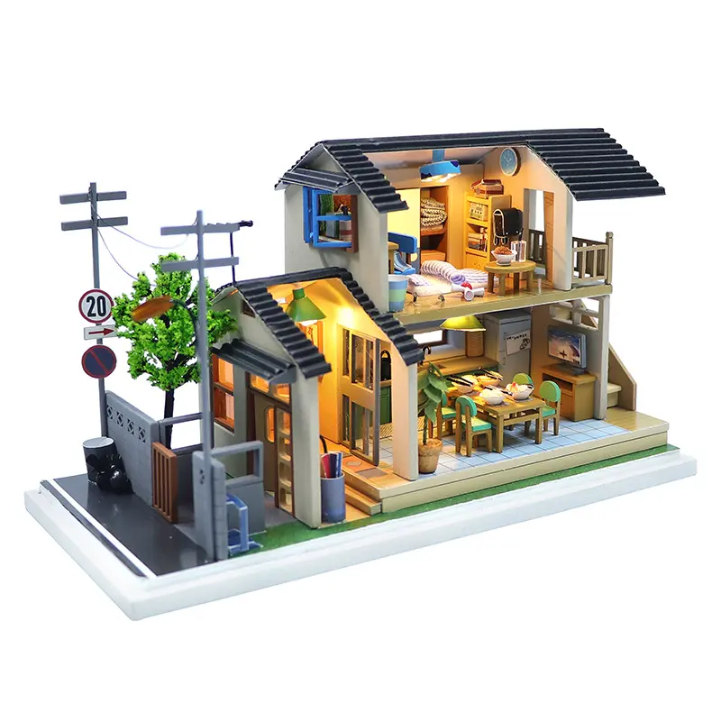 Nueva artesanía Diy Casa de juguete accesorios de casa de muñecas en miniatura fácil de montar Diy casa de muñecas de madera con cubierta antipolvo para niña