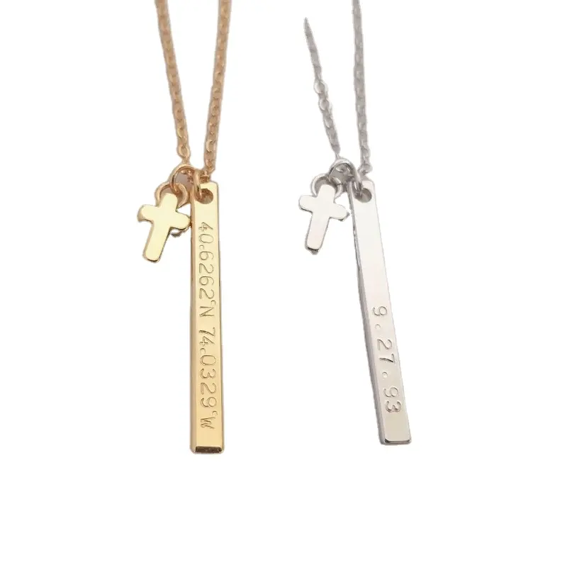 Colar de aço inoxidável, joias personalizadas de aço inoxidável, colar de pingente cruz, colar de fé, nome personalizado, colar de coordenadas