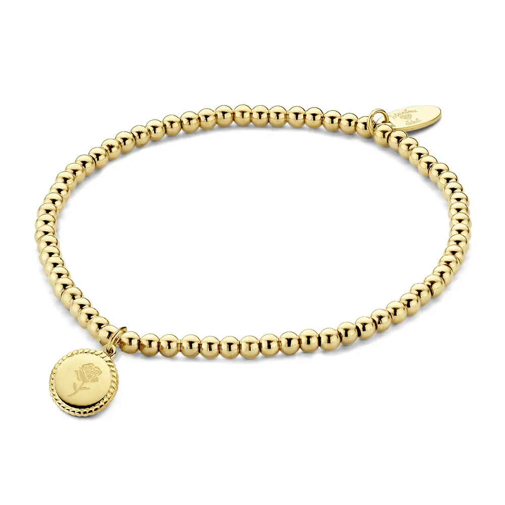Bracelet en perles d'or avec breloque de pièce de monnaie, bijoux minimaliste, en acier inoxydable, rose, nom personnalisé