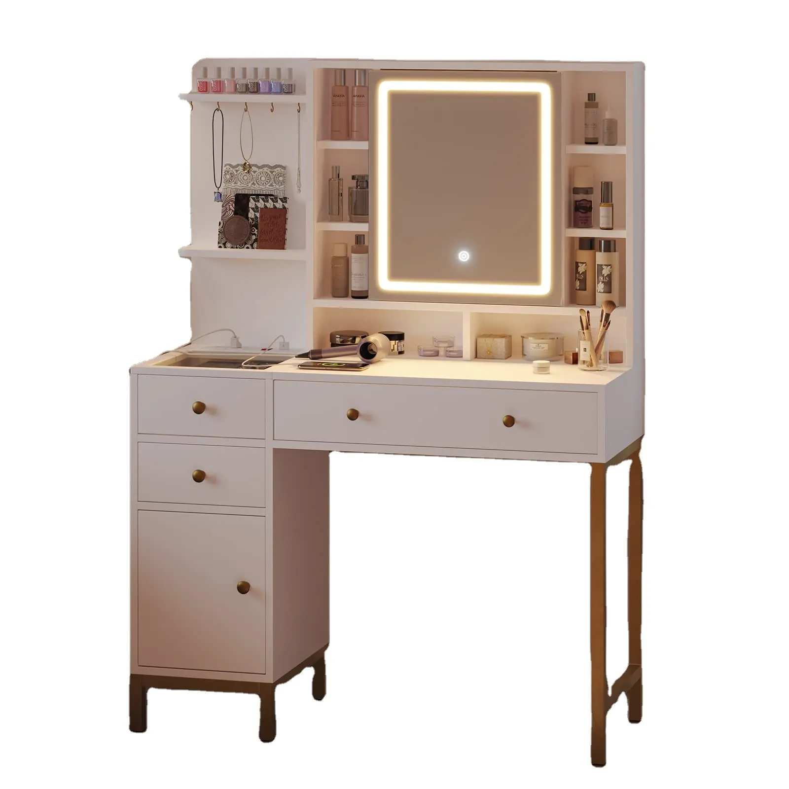 Dressing Table Tocador Makeup Speaker Vanity Table with LED Mirror and Drawers