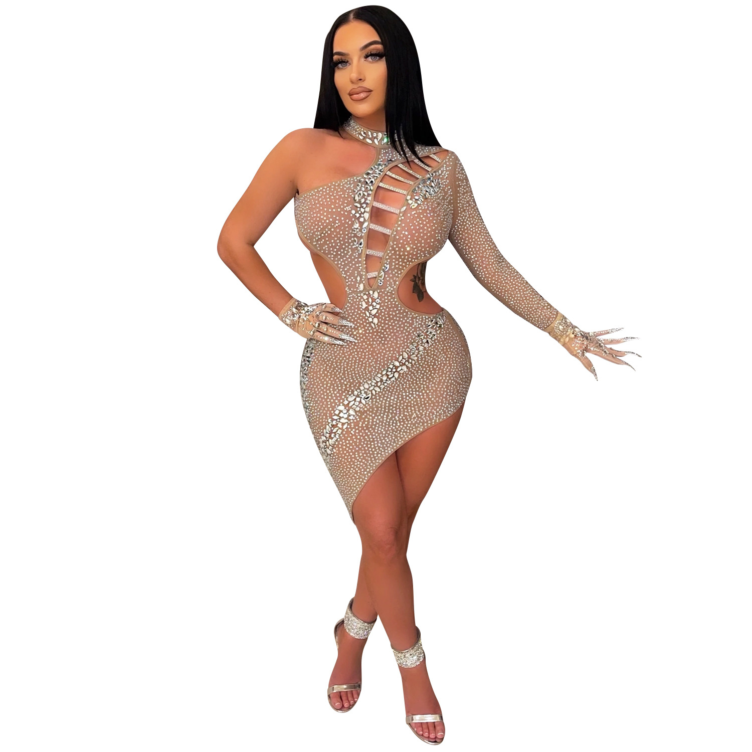 Hot Selling One Shoulder Long Sleeve Sexy Dress Summer Hollow Out Rhinestone Decoration Women Irregularity Club Dress