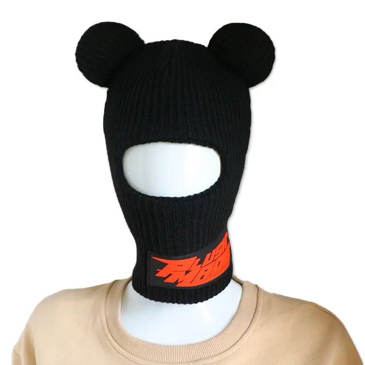 Designer custom ski mask outdoor bear ear nero full face logo personalizzato tessuto passamontagna lavorato a maglia con un foro con orecchie