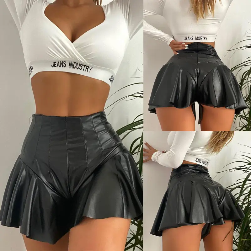 PU Couro Mini Saia das mulheres Ruffles Flared Plissado Skater Y2K Streetwear A-Line Saias mulheres Bottoms shorts de couro preto