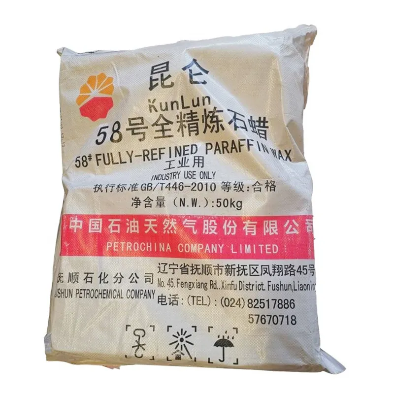 Cire de paraffine entièrement raffinée de haute qualité 58-60 paraffine Kunlun prix sac de 50kg cire de paraffine utilisée dans la bougie/plastique/étanchéité de revêtement