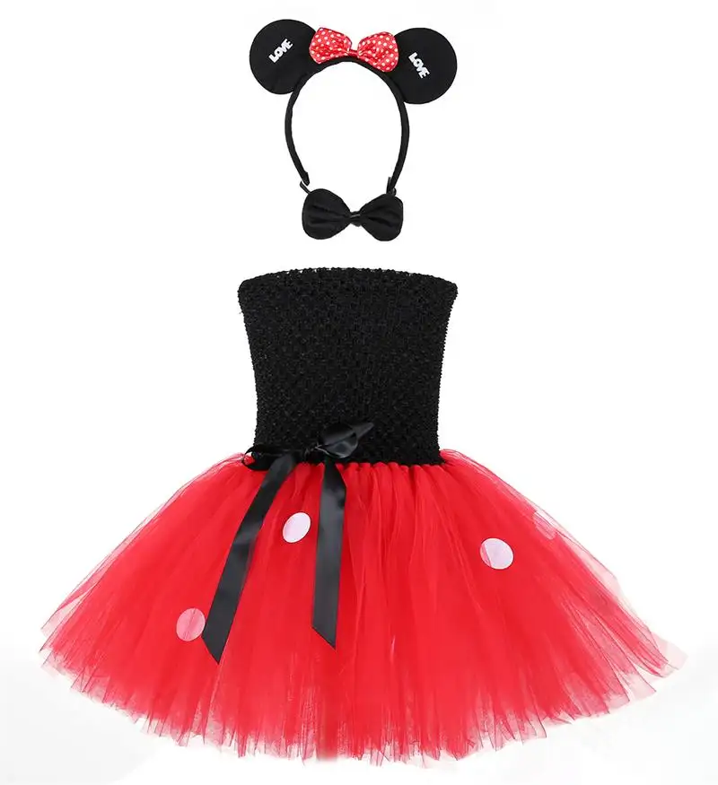 Disfraz de Cosplay de ratón de dibujos animados para niña, bonito vestido de tutú de lunares rojos y negros, conjunto de 3 uds.