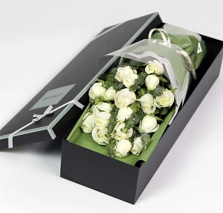 Kotak Kemasan Bunga Segar Mawar Panjang Pernikahan Kotak Kertas Topi Persegi Lipat Kreatif Desain Kustom