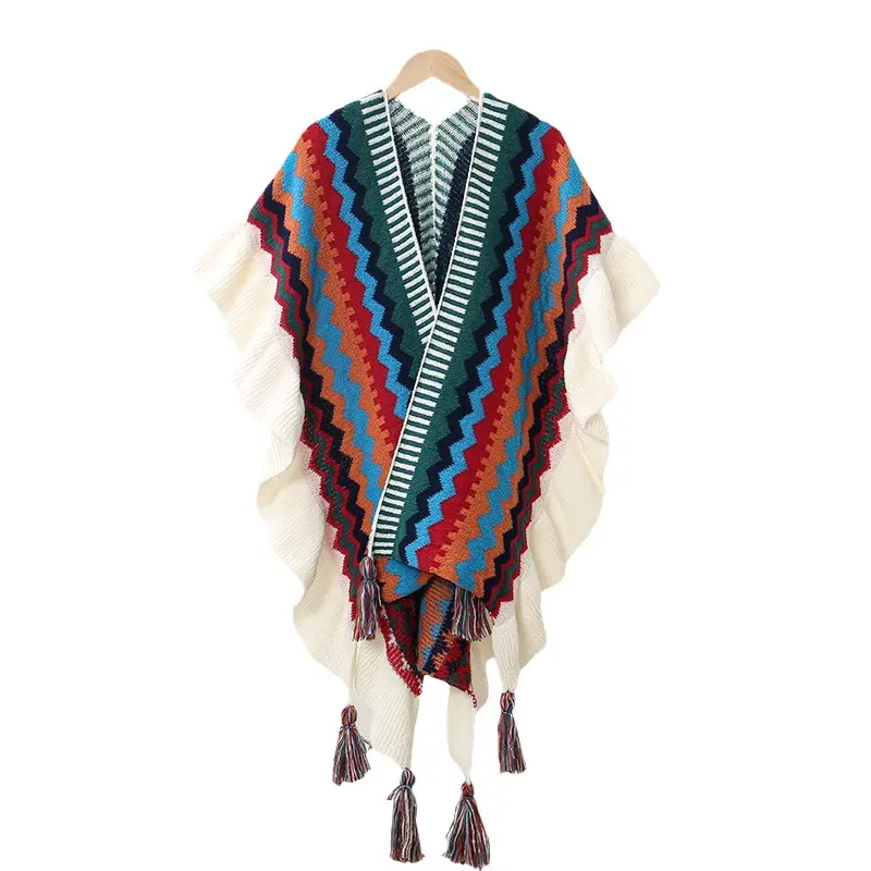MIO nuevo chal cálido étnico de invierno con borla largo de punto Jacquard Poncho chal Vintage moda mujer cárdigan suéter Suelto