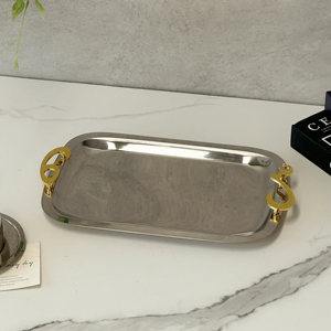 2025 Bán hàng nóng ánh sáng sang trọng bạc nghệ thuật khay kim loại thép không gỉ thực phẩm phục vụ khay thiết lập với xử lý Vàng - Product Image 6