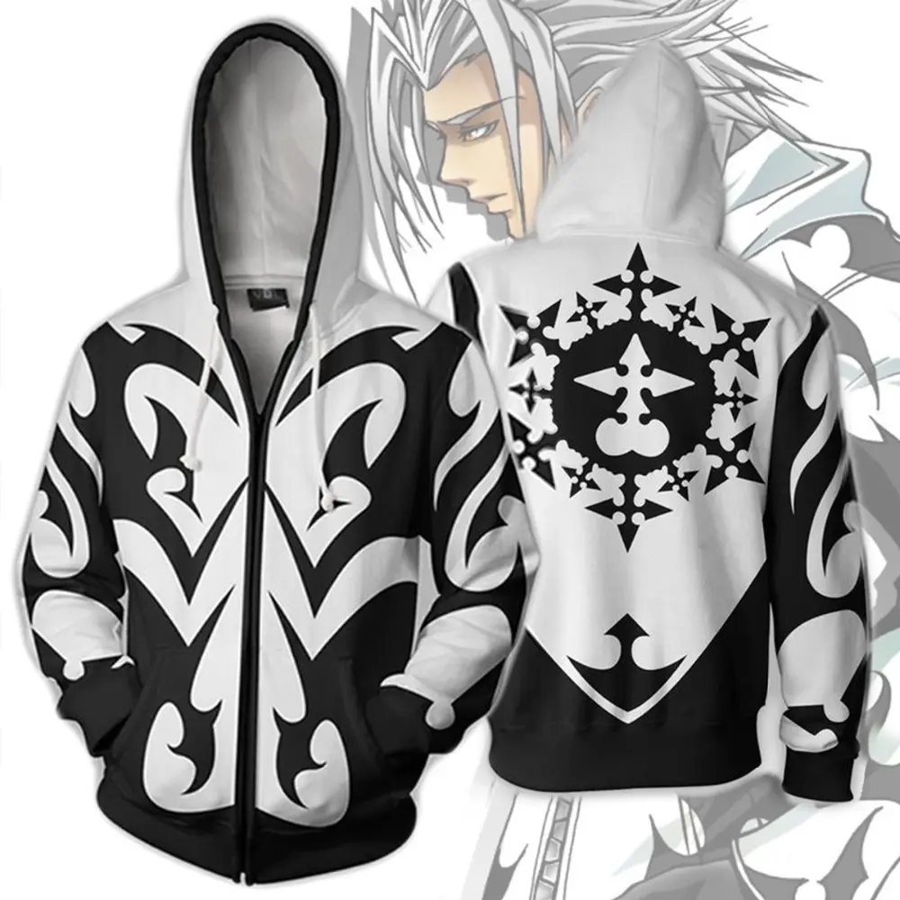 Ecowalson Kingdom Hearts Kostüm Männer Sweatshirt Xemnas roxa Cosplay Anime 3D gedruckte Sweatshirt Reiß verschluss Cartoon Kapuze