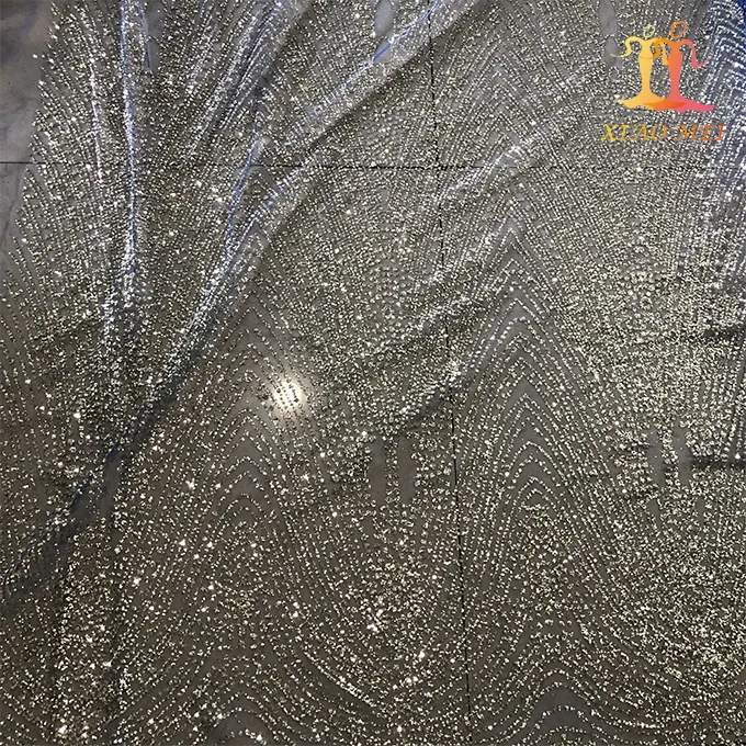 Factory price 40# mesh shiny sliver glitter glued tulle lace fabric for dress