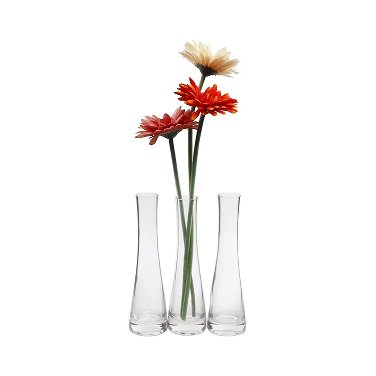 Temiz dekorasyon temizle tek parça cam tomurcuk vazo ile uzun ince boyun kristal küçük tomurcuk vazo cam