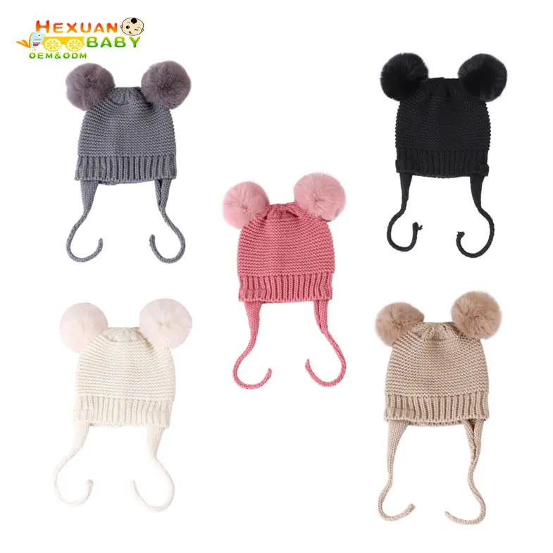 Wholesale Custom Fashion Winter Pure Cashmere Knitted Ear Flap Beanie Hat Cute Kids Baby Knitted Pom Pom Beanies