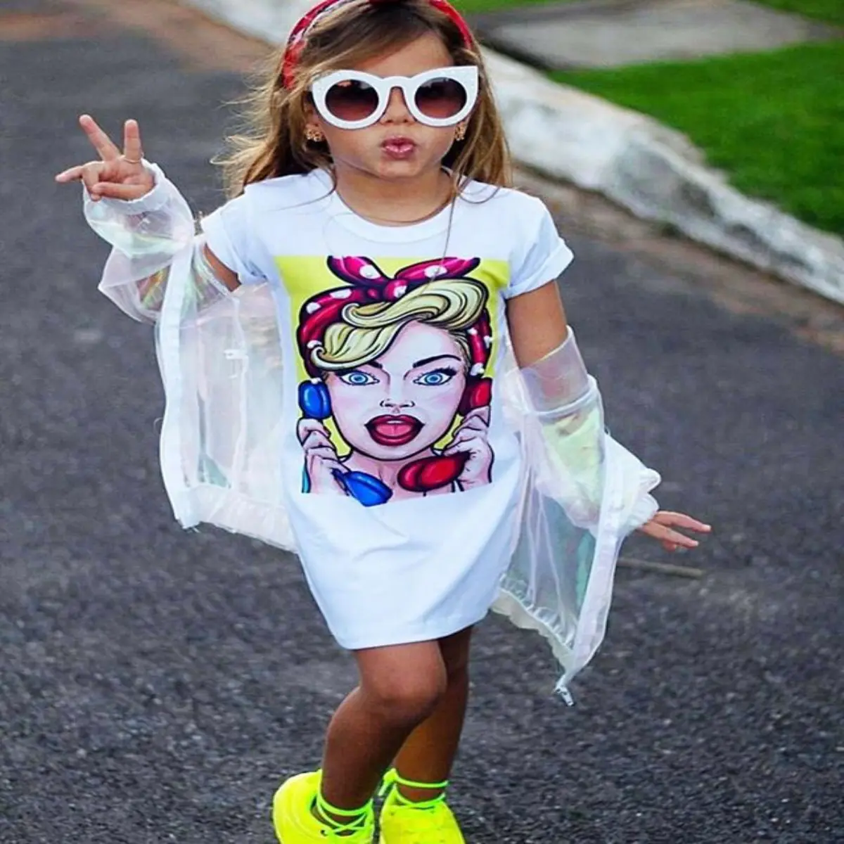 2023 Novo Estilo Infantil Crianças Bebê Meninas 2Pcs Set Outfits Meninas Impressão de Manga Curta Camisa Longa Shift Dress + Laser Coat Outfits