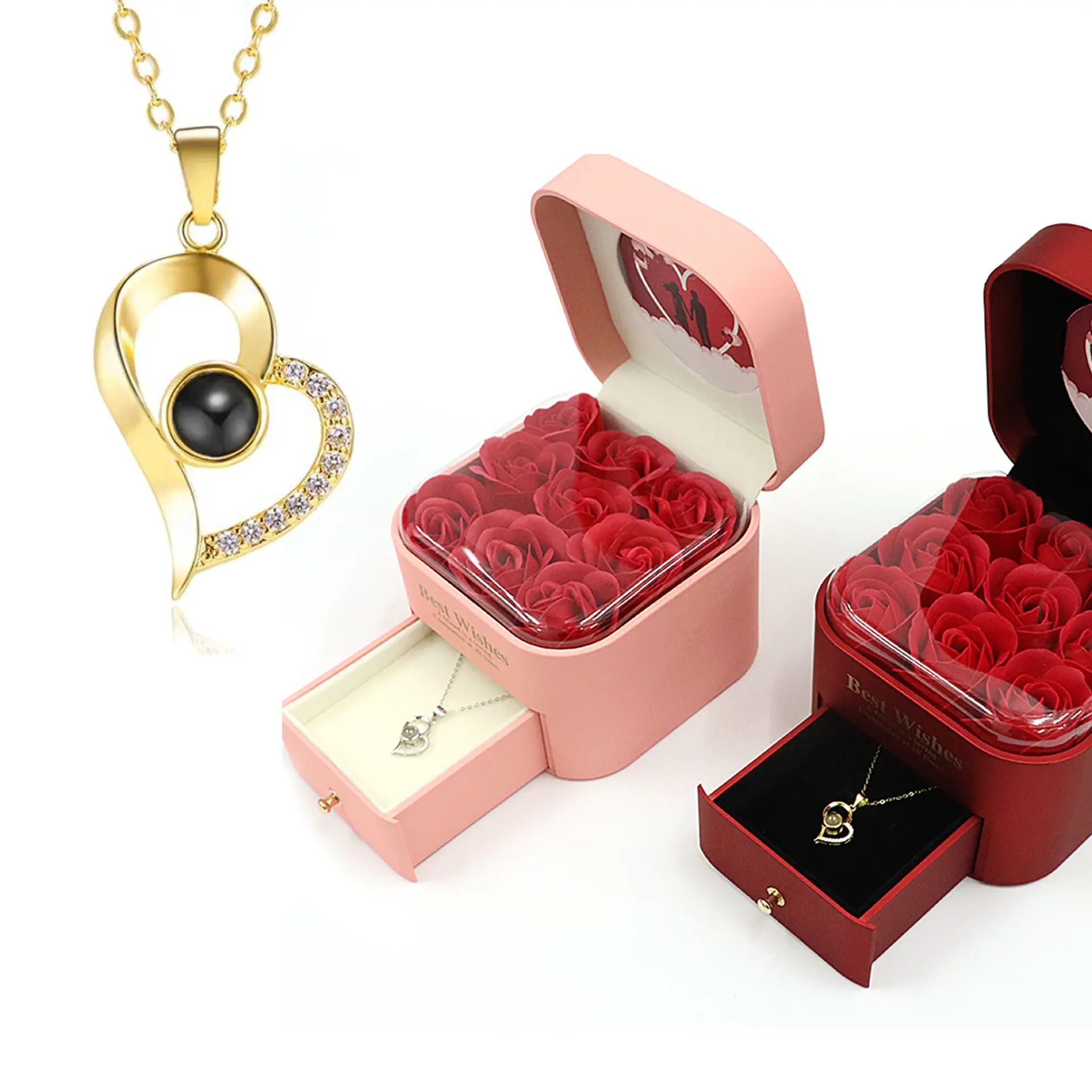 Nueva Rosa Día de San Valentín Lápiz labial Colgante Anillo Collar Joyería Embalaje Caja de regalo joyero con una rosa eterna