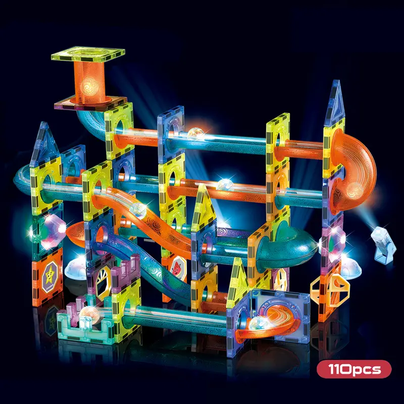 Özelleştirilmiş 110 adet manyetik fayans seti yapı taşları mıknatıs oyuncak Light Up mermer fayans topları ile tuğla oyuncaklar çocuklar