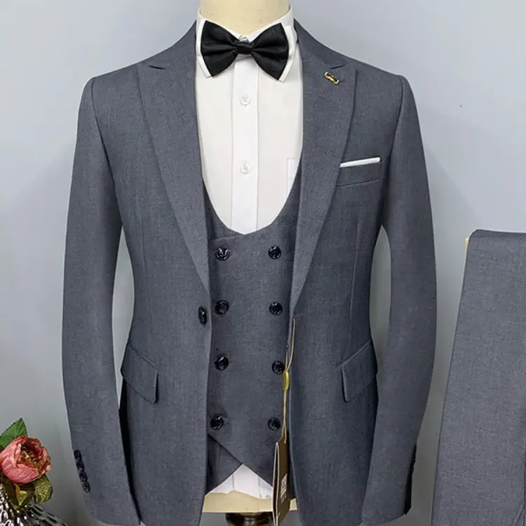 Venda quente Preto Azul Cinza Cor 3 PCs Dos Homens de Casamento Desgaste Formal Tamanhos Grandes Noivo Homens Ternos