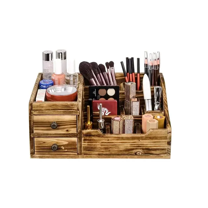 Kotak File kosmetik konter Organizer kayu Multi fungsi penyimpanan Rustic kayu meja Organizer dengan laci