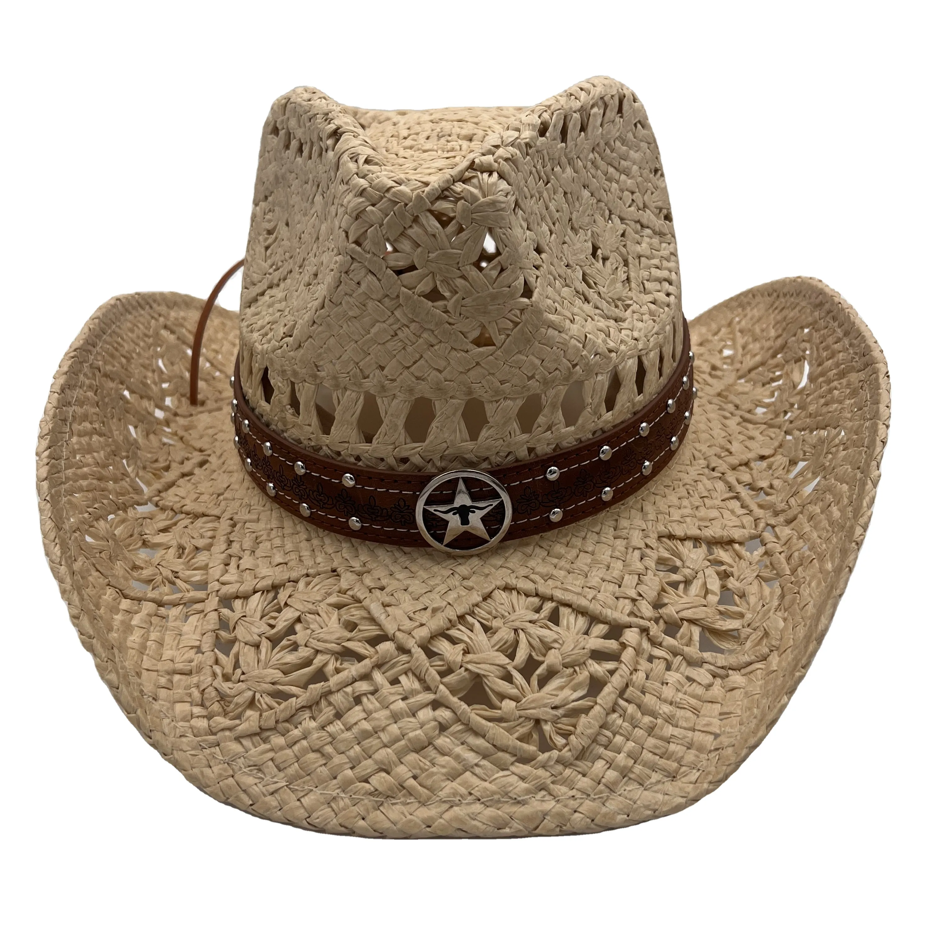 Venta caliente Sombrero de paja de sombrilla de verano con cuerda Sombrero de vaquero de diseño tallado en paja barato mexicano