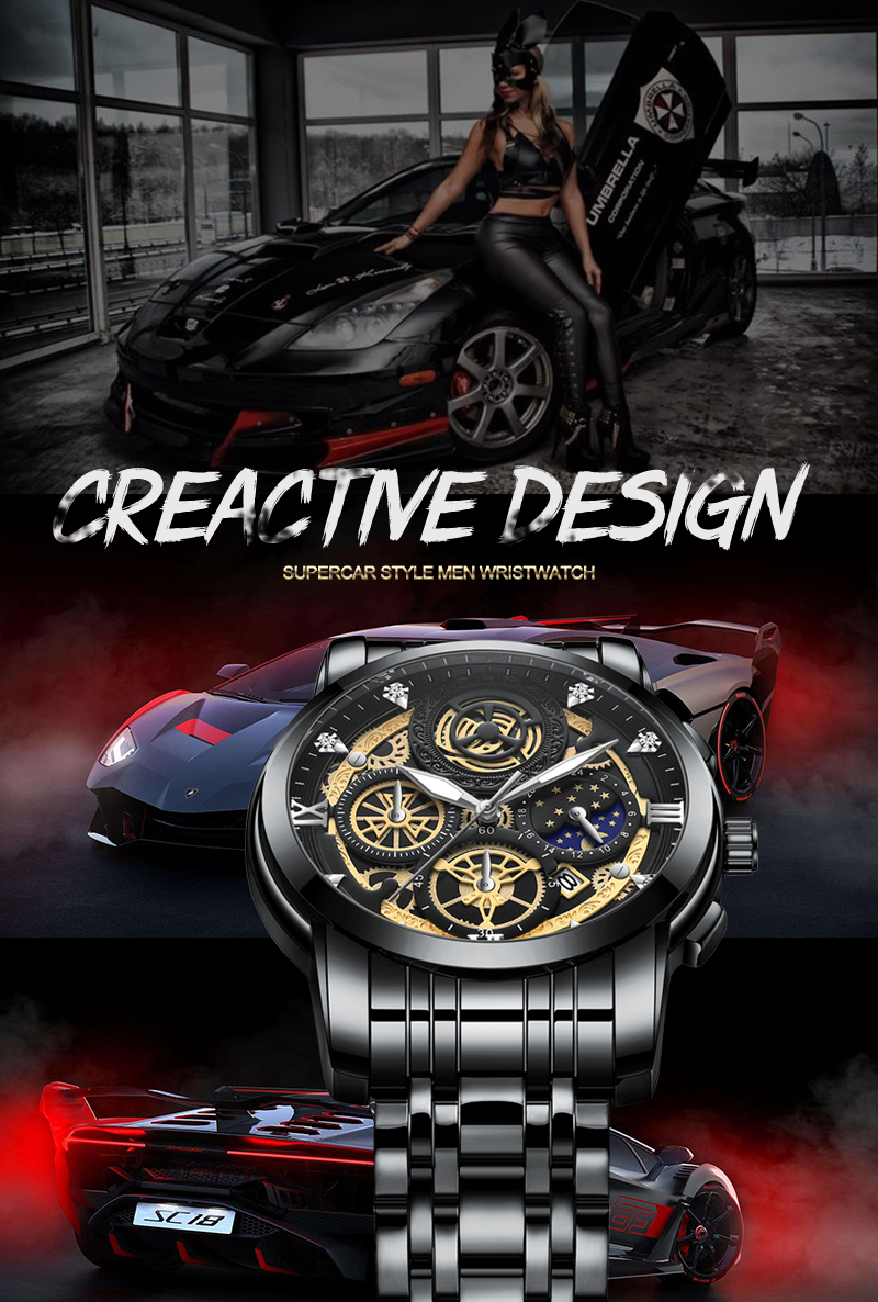 VAVA VOOM Original Watch Men's Waterproof Stainless Steel Quartz Analog Fashion Business Sun Moon Star Wristwatches