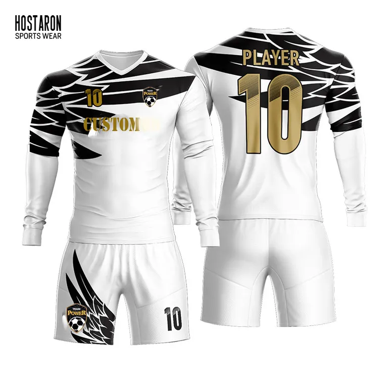 HOSTARON Tailandês Personalizado Sublimação Futebol Jersey 100% Poliéster Branco Manga Longa Camisa De Futebol Futebol Goleiro Set