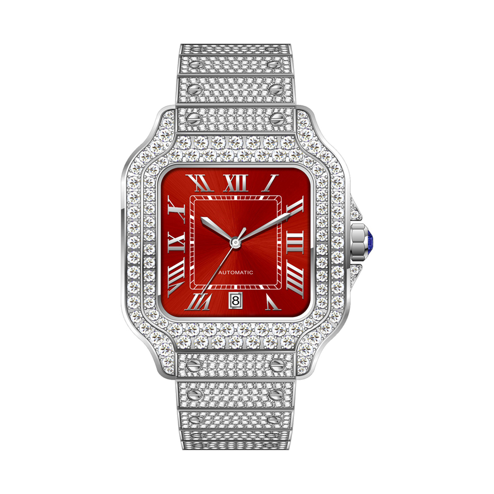 silvery-red dial