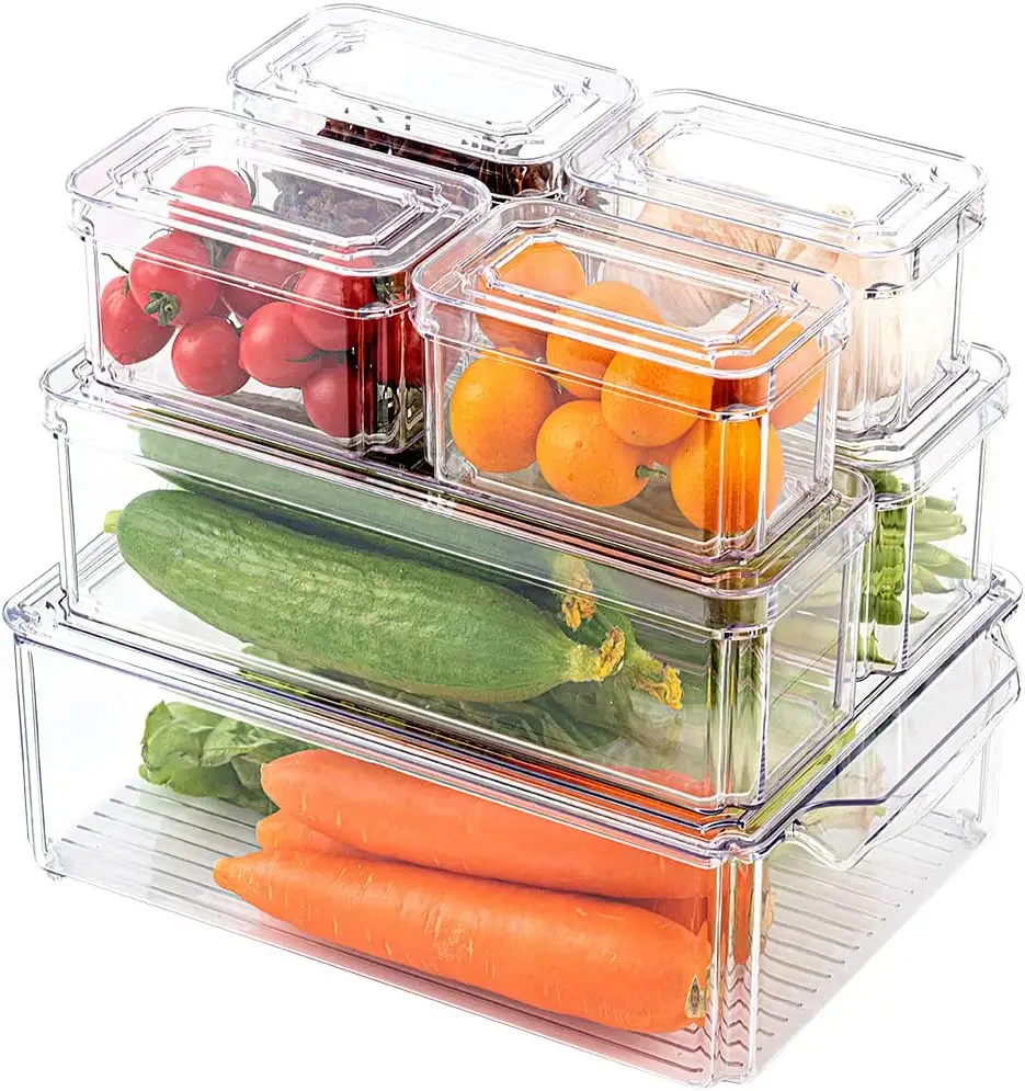 กล่องเก็บของพลาสติกใสในครัวปราศจาก BPA,ถังขยะที่จัดเก็บในตู้เย็นวางซ้อนกันได้พร้อมฝาปิดจำนวน7ชิ้น