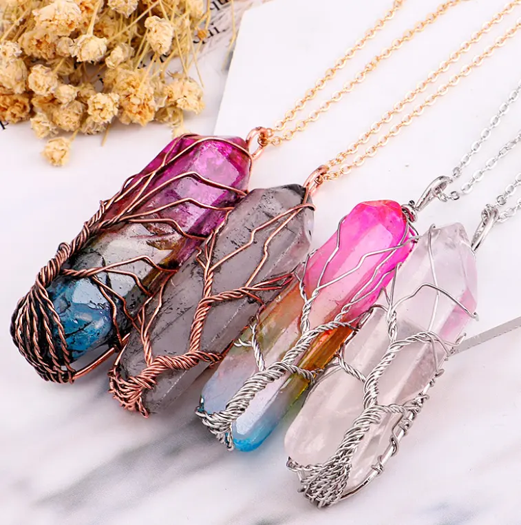 Mão Envolvido Árvore De Seda Da Vida Colar Crystal Stone Colar Pingente De Cristal Natural