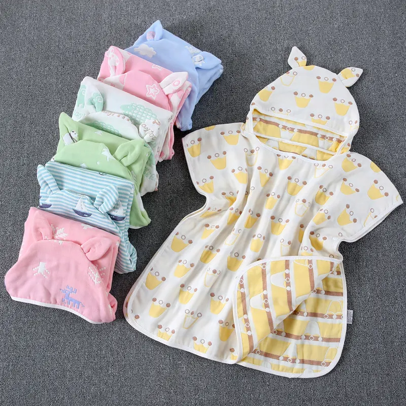 Six-ply gauze children's bath towel cape cotton gauze baby bathrobe hooded bath towel