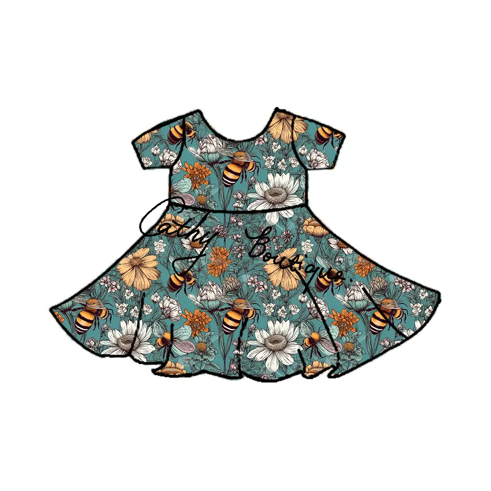 Qingli disfraces floral abeja impresión giro vestido bebé niñas manga acampanada leche seda niña camiseta vestido