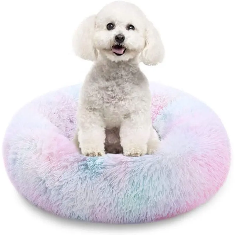 Lange Nepbont Luxe Donut Kalmerende Donut Kat En Hond Bed Rond Bed Kussen 50Cm 60Cm 80Cm Voor Katten