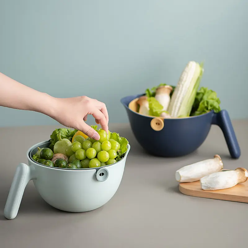 Cestello di scarico da cucina in plastica con doppia ciotola per frutta e verdura