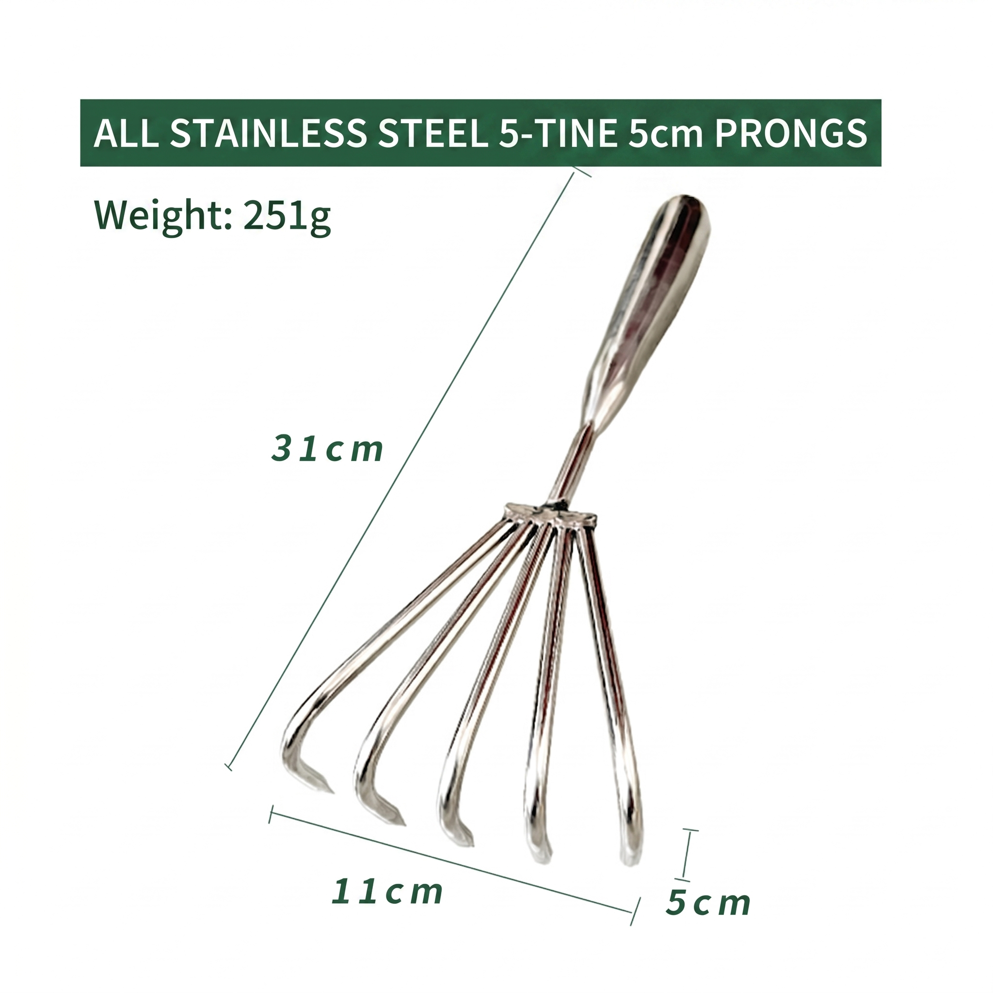 All stainless steel five-tooth 5cm rake