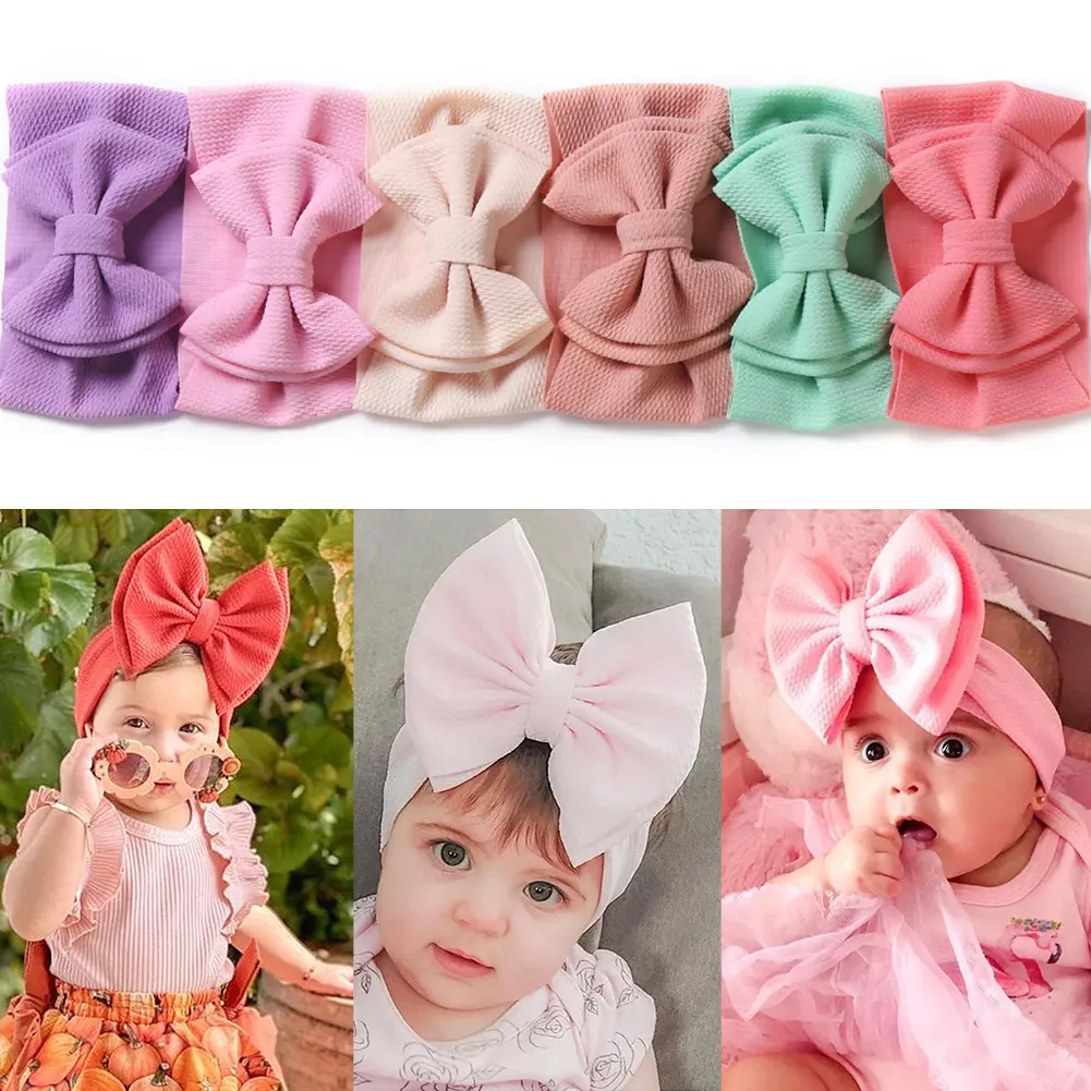 Kinder Big Bow Soft Elastic Waffle Stirnband Einfarbig Big Bow Kopf wickel Baumwolle Stoff Baby Bow Stirnband für Kinder