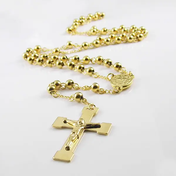 Vente chaude 18K Or En Acier Inoxydable Jésus Croix Pendentif Collier Bijoux Religieux Perles D'or Chapelet Crucifix