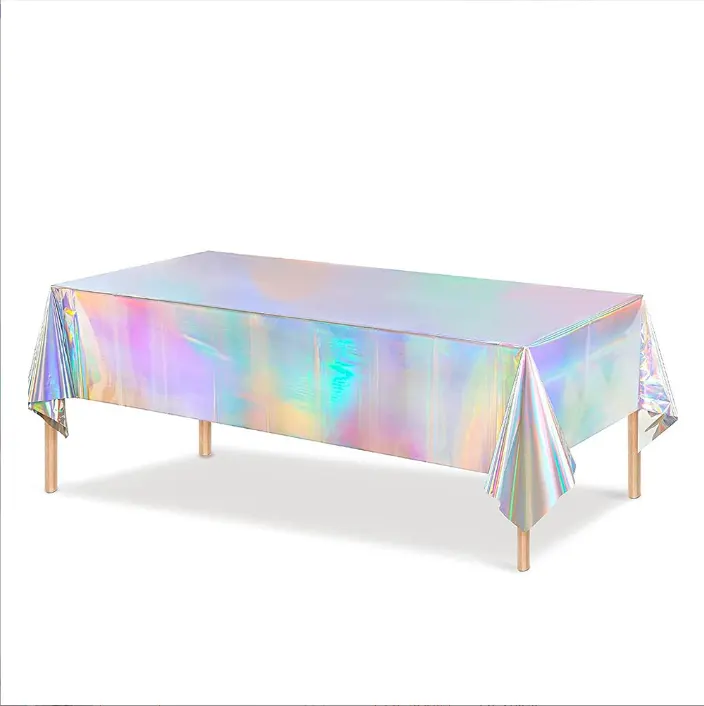 Iridescent Plastic Tablecloths Shiny Disposable Laser Rectangle Holographic Foil Tablecloth Iridescent Party Decoration