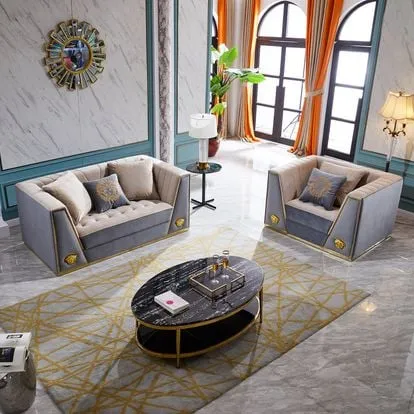 Sofá de tela de lujo ligero moderno conjunto de sofá de sala de estar moderno muebles con línea de acero inoxidable dorado