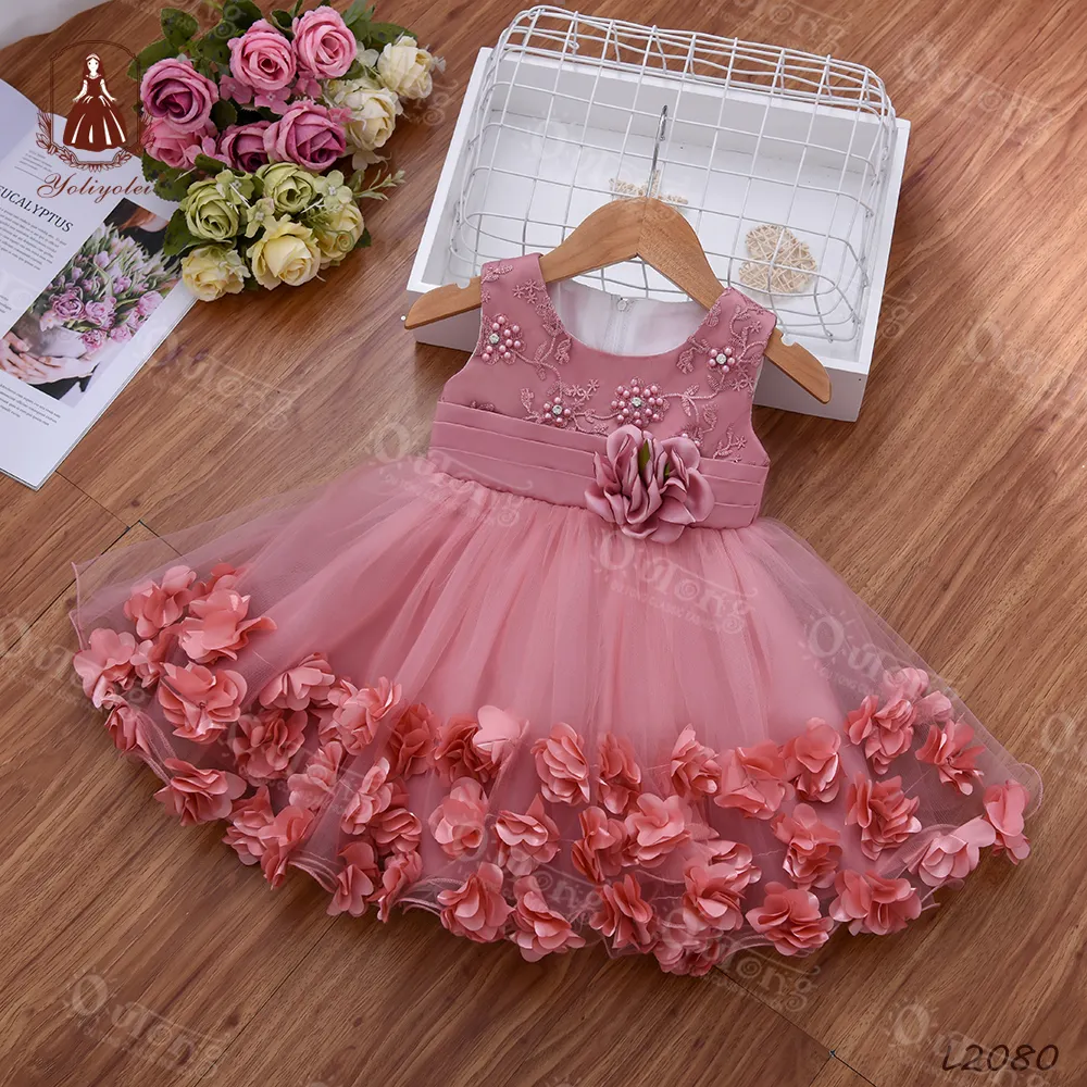 0-2 ans Boutique bébé vêtements appliques ourlet enfant en bas âge Vestidos De Nia princesse bal enfants robe de soirée avec fleur solide